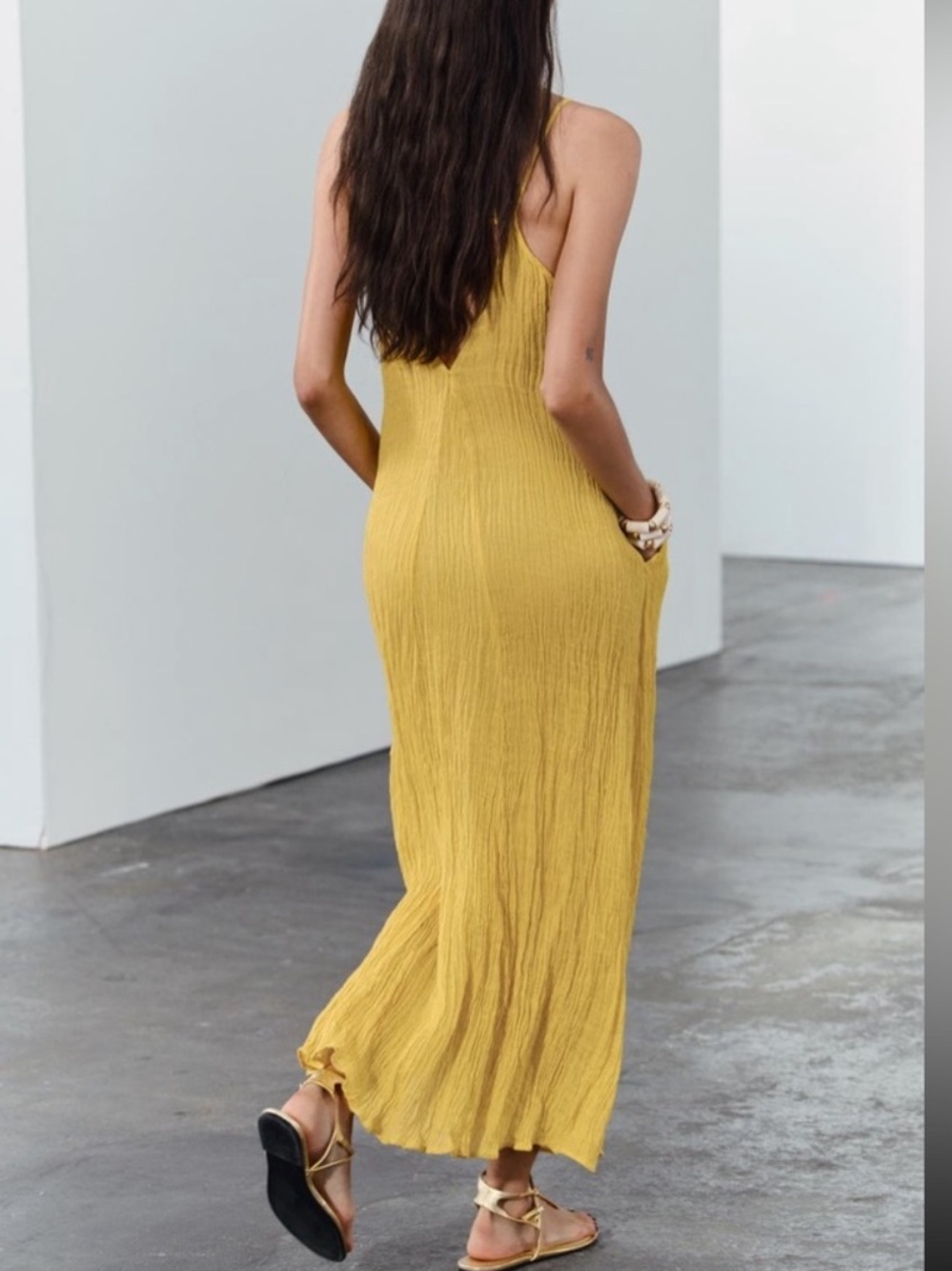 Zara 100% linen Mustard Yellow V-Neck Maxi Slip Dress - Picture 7 of 9
